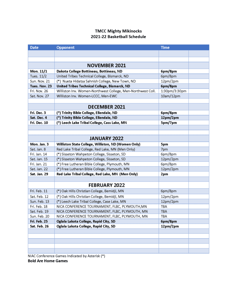 Schedule Mighty Mikinocks Turtle Mountain Community College
